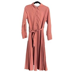 Davi & Dani Peach Shirt Dress Rayon Long Sleeve Collared Pleated Size Small
